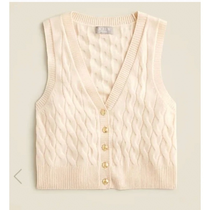 J.Crew Cashmere Cable Knit Sweater Vest Cream Gold Button V-Neck | Size Large